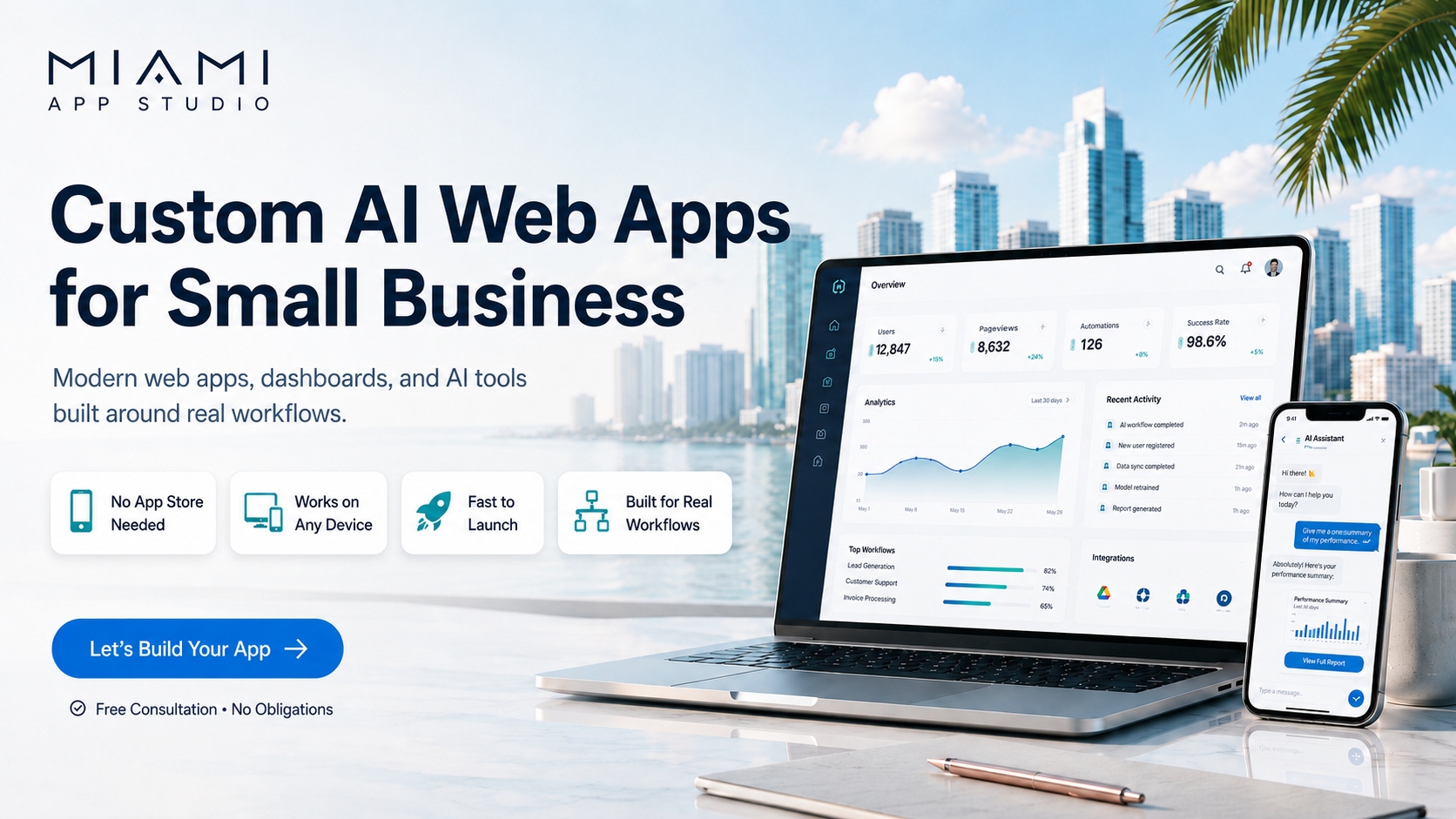 Miami App Studio — Custom AI web apps for small business: a laptop dashboard with analytics, automations, and an AI assistant on a phone, set against the Miami skyline. Features include No App Store Needed, Works on Any Device, Fast to Launch, and Built for Real Workflows.